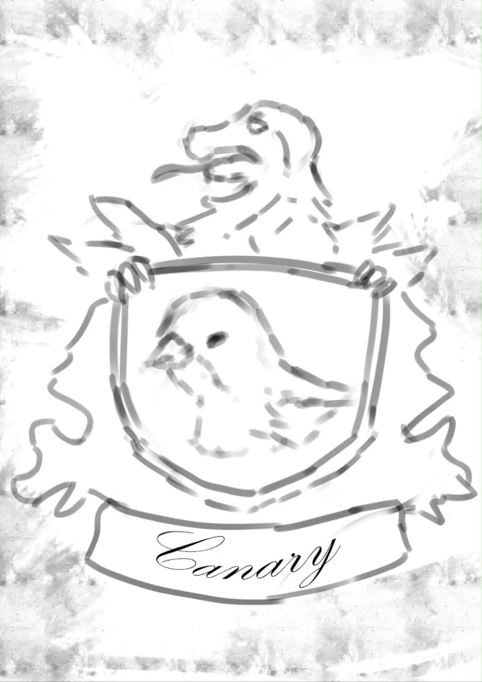 Pencil sketch of a heraldic crest with a canary on a shield and a banner reading Canary