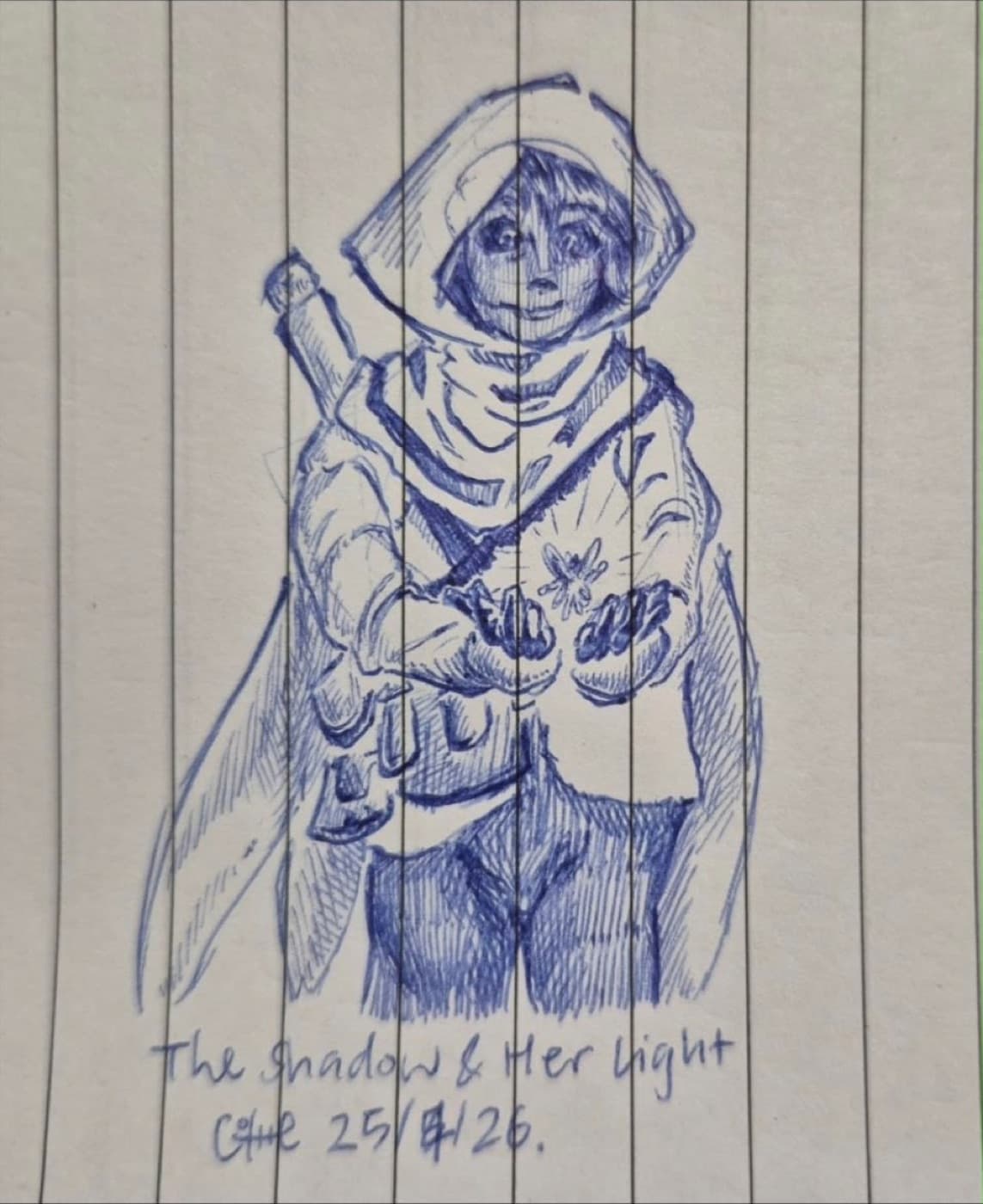 Blue pen sketch of a hooded character holding a small light, titled The Shadow and Her Light
