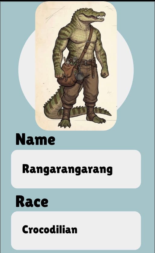 Character sheet portrait of Rangarangarang, a crocodilian warrior with a satchel