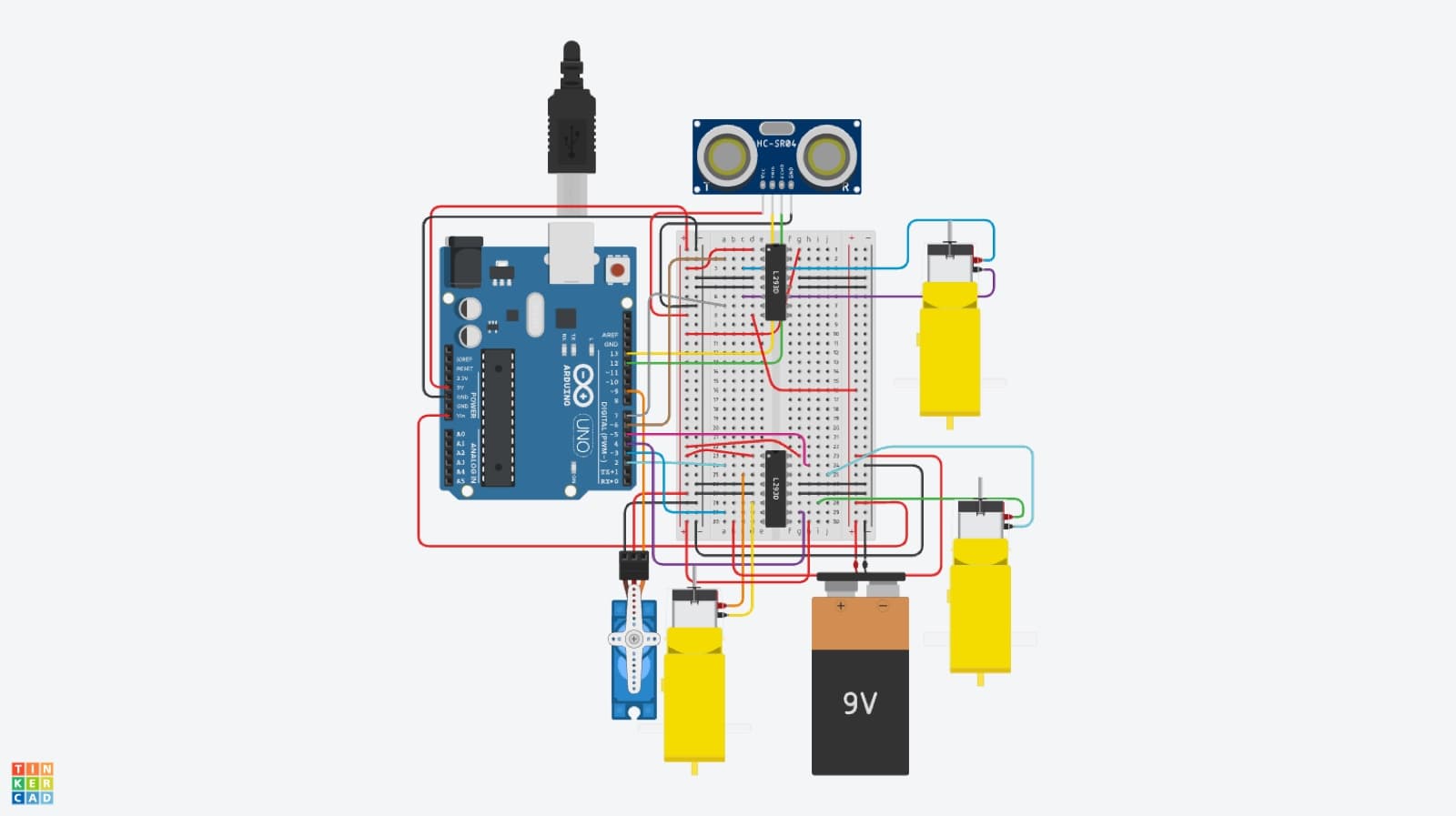 Tinkercad circuit: Arduino Uno, HC-SR04 ultrasonic sensor, two L293D H-bridges driving three DC motors, and a servo catapult on a 9V supply